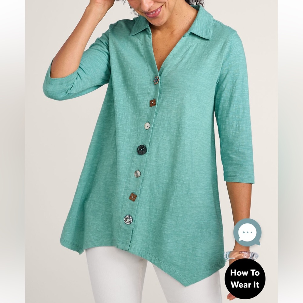Soft Surroundings Danielle Button 3/4 Sleeve Tunic Sky Blue Collared Shirt